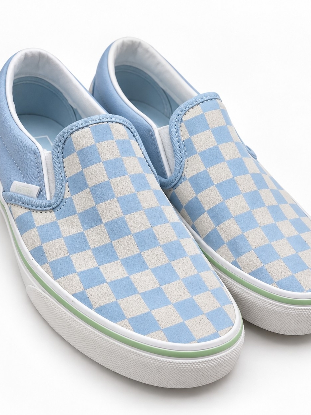 Vans Classic Slip-On Blue Cream Checkerboard Sneakers Green Accent